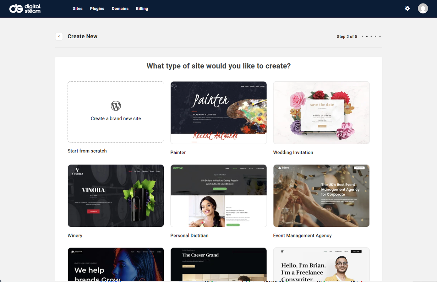 WordPress theme selection screen with modern business templates