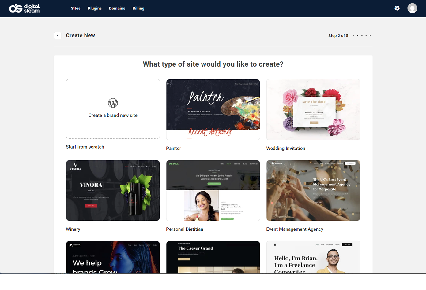WordPress theme selection screen with modern business templates